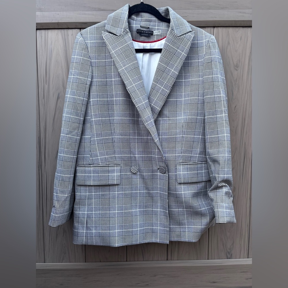 Alice + Olivia Arias Blazer Strong Shoulder Jacket Black White Glen Plaid - Picture 6 of 12